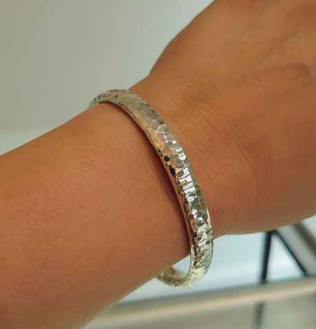 Silver  Round, Heavy Oval Wire , Small Hammered Bangle - WB5H