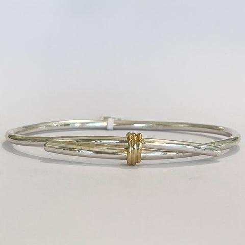 Silver Round, 3mm Wire, Cross-over Bangle with 9ct Gold Twist - WB1TSS