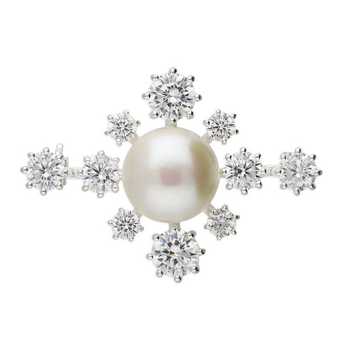 Silver Freshwater Pearl and CZ Snowflake Brooch
