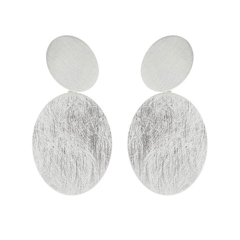 Brushed Silver Oval Disc Earrings
