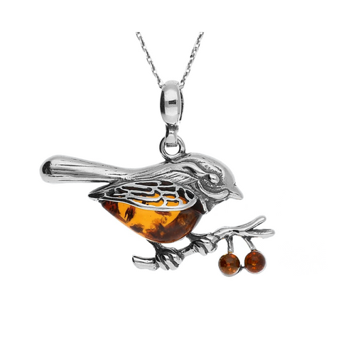 Amber & Silver Bird On A Branch Necklace