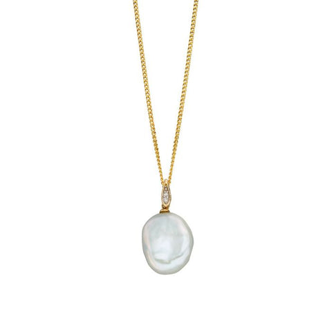 9ct Yellow Gold  Diamond & White Keshi Pearl Pendant Necklace