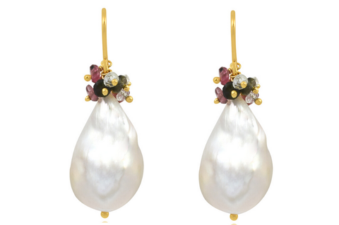Gold Baroque Pearl & Tourmaline Gemstone Earrings