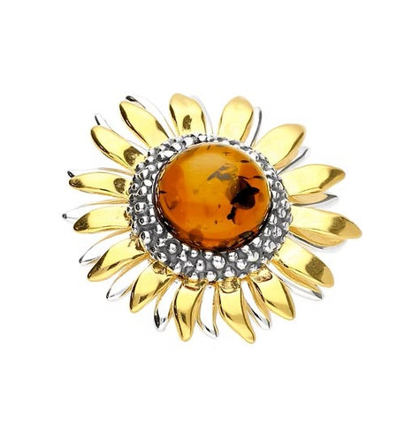 Sunflower Amber & Sterling Silver Two-Tone Brooch