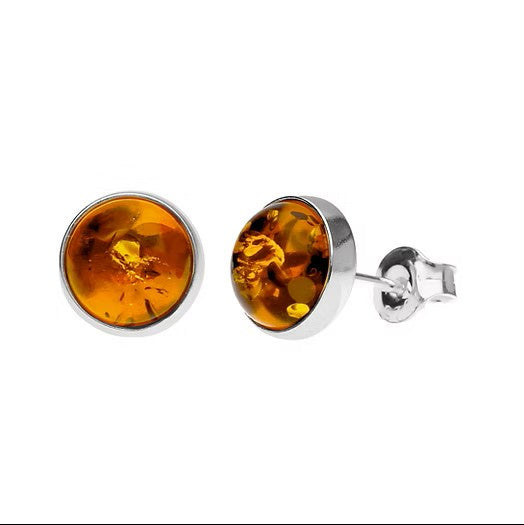 Round Amber & Sterling Silver Stud Earrings