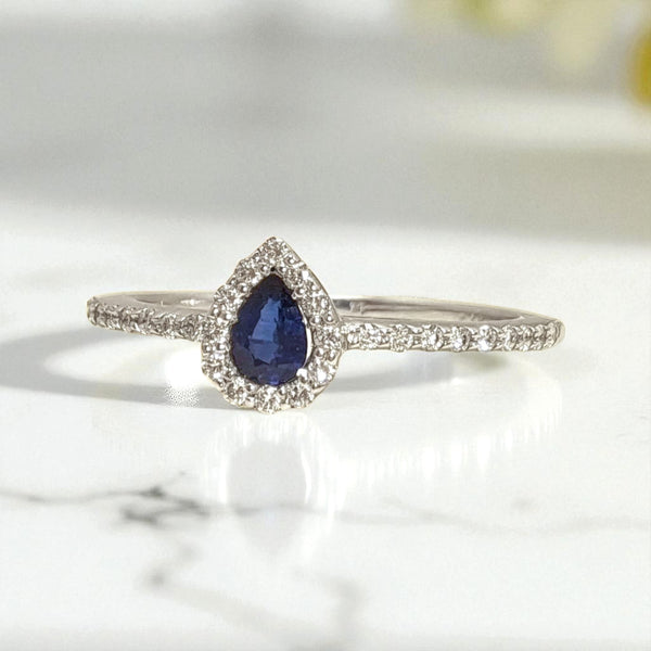 Zelda's Tear - 18ct White Gold Pear Sapphire & Diamond Halo Ring