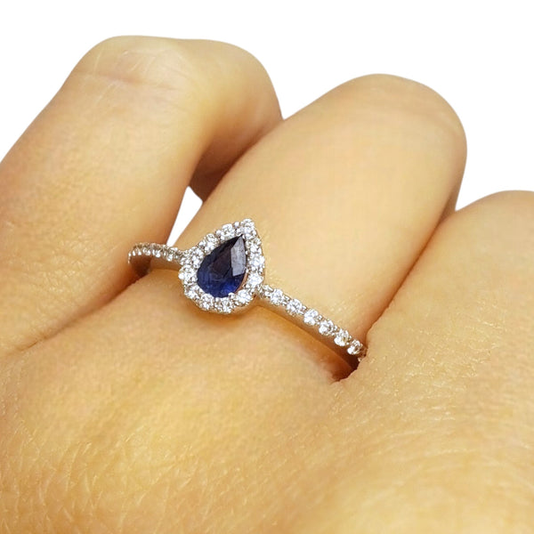 Zelda's Tear - 18ct White Gold Pear Sapphire & Diamond Halo Ring