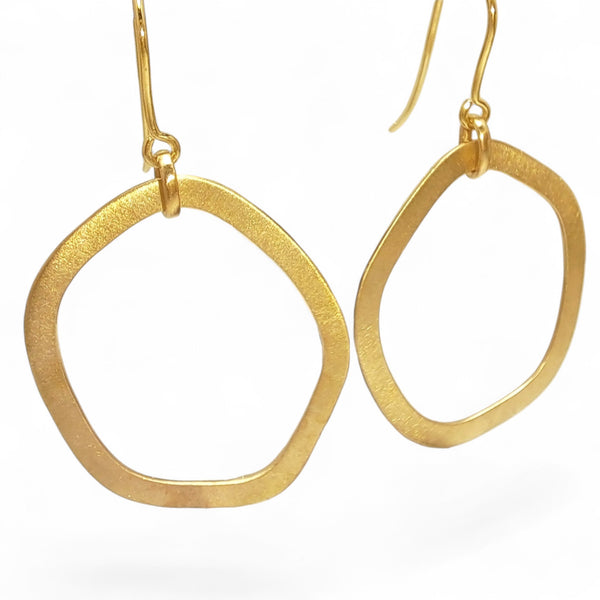 9ct Gold Brushed Organic Drop Hoop Earrings