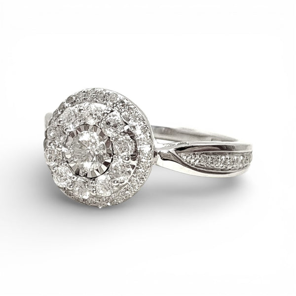 Vintage 9ct White Gold Diamond Tiered Double Halo Ring