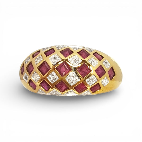 Vintage "Crimson Check" 9ct Gold Ruby & Diamond Checkerboard Ring