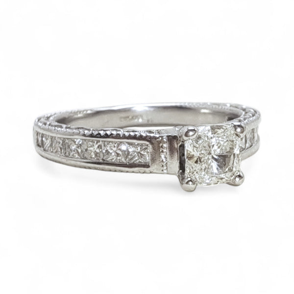 Vintage 'Elowen Beauty' 18ct White Gold 0.44ct Cushion Diamond Ring with Princess-Cut Shoulders and Engraved Band