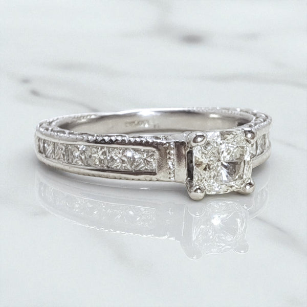Vintage 'Elowen Beauty' 18ct White Gold 0.44ct Cushion Diamond Ring with Princess-Cut Shoulders and Engraved Band