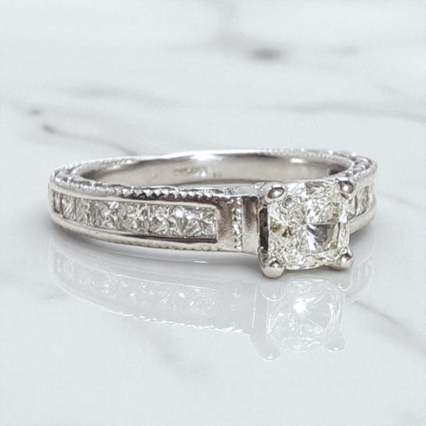 Vintage 'Elowen Beauty' 18ct White Gold 0.44ct Cushion Diamond Ring with Princess-Cut Shoulders and Engraved Band