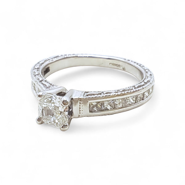 Vintage 'Elowen Beauty' 18ct White Gold 0.44ct Cushion Diamond Ring with Princess-Cut Shoulders and Engraved Band