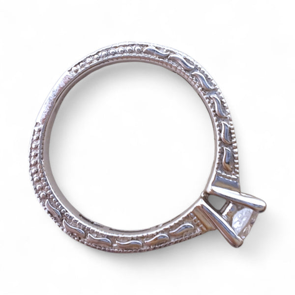 Vintage 'Elowen Beauty' 18ct White Gold 0.44ct Cushion Diamond Ring with Princess-Cut Shoulders and Engraved Band