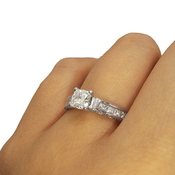 Vintage 'Elowen Beauty' 18ct White Gold 0.44ct Cushion Diamond Ring with Princess-Cut Shoulders and Engraved Band