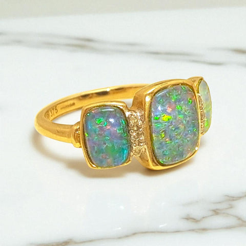 Vintage 'Siren's Cove' 9ct Yellow Gold Opal and Diamond Trilogy Ring