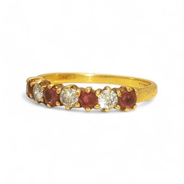 Vintage 'Rose Ember' 9ct Yellow Gold Ruby and Diamond Half-Eternity Ring