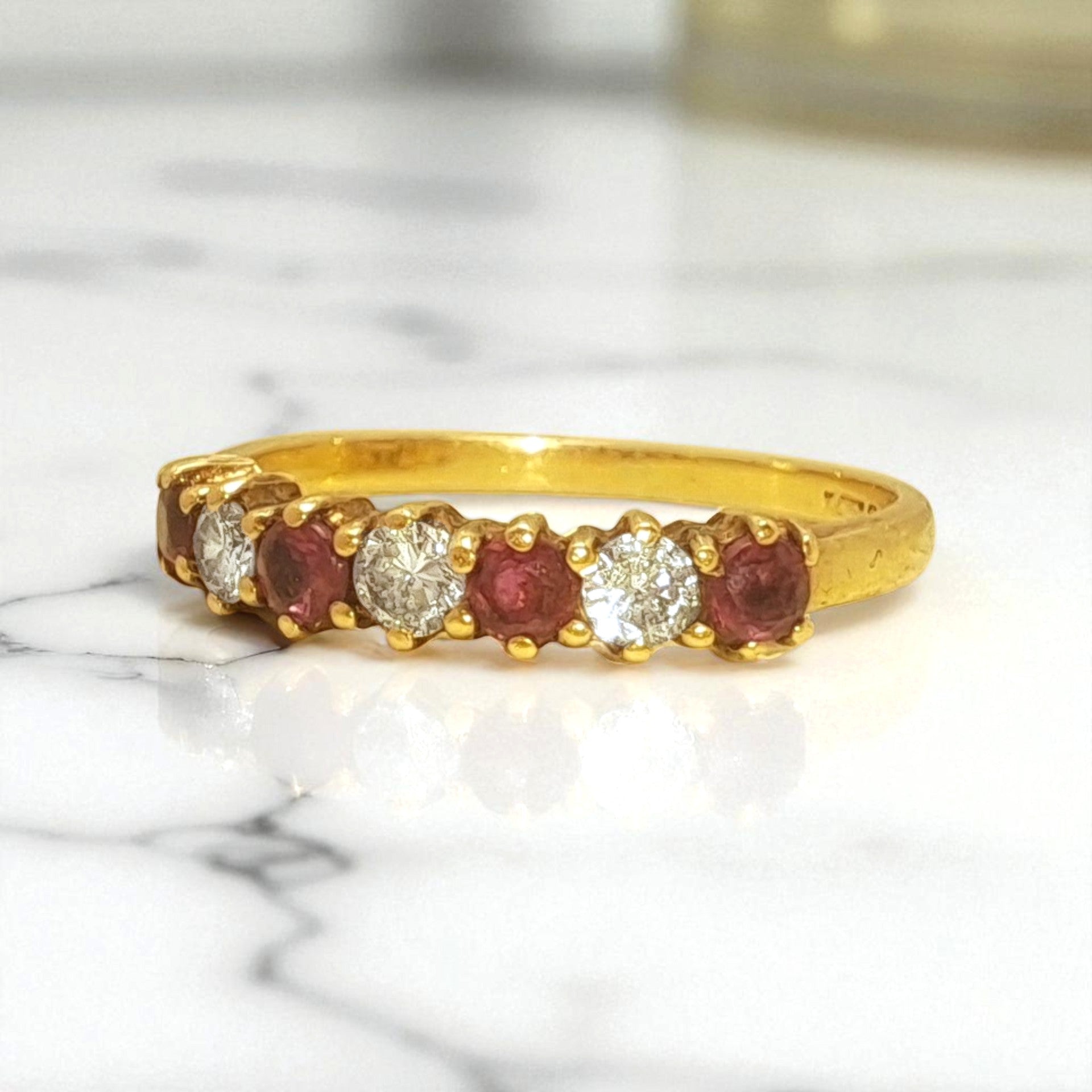 Vintage 'Rose Ember' 9ct Yellow Gold Ruby and Diamond Half-Eternity Ring