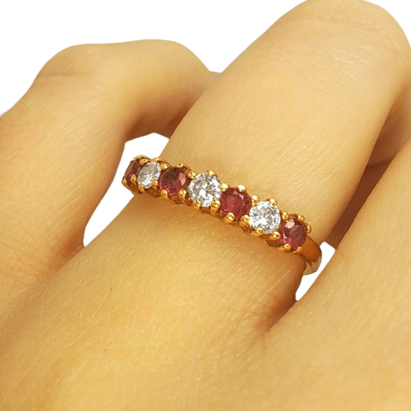 Vintage 'Rose Ember' 9ct Yellow Gold Ruby and Diamond Half-Eternity Ring