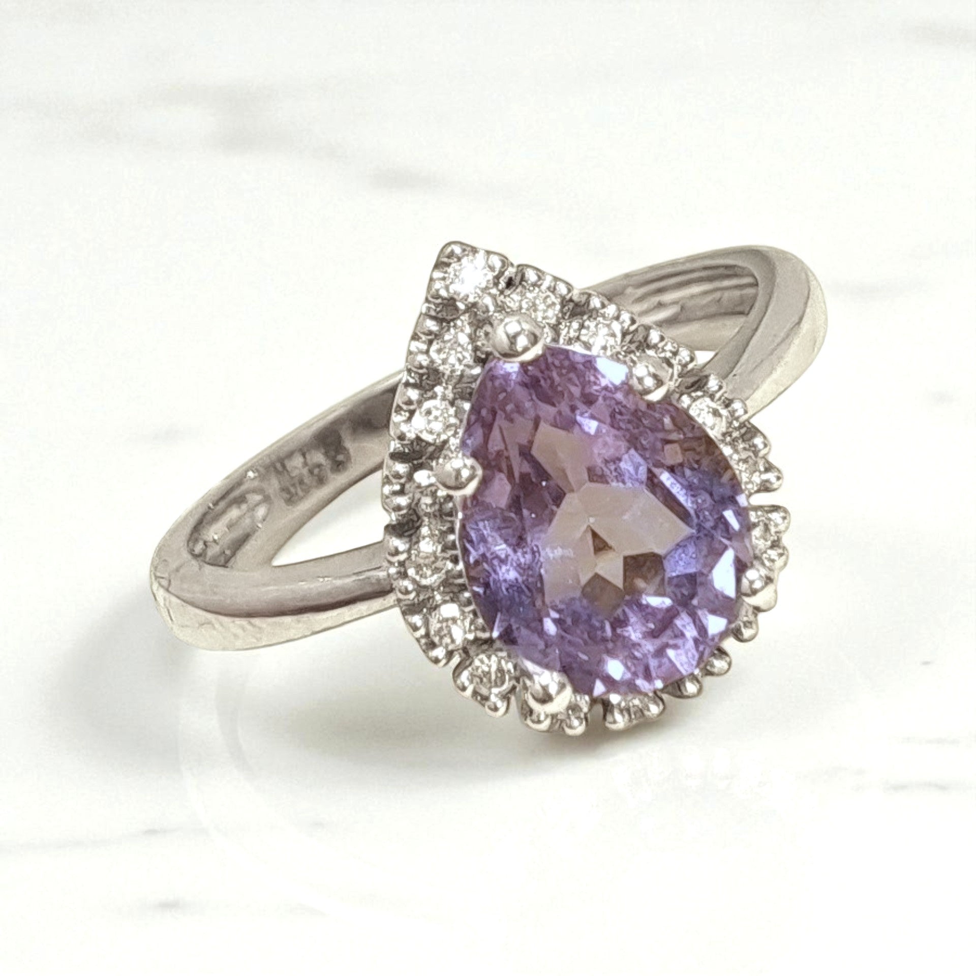 Vintage 'Violet Droplet' 9ct White Gold Amethyst and Diamond Halo Ring