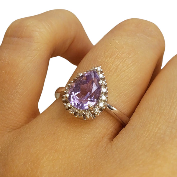 Vintage 'Violet Droplet' 9ct White Gold Amethyst and Diamond Halo Ring