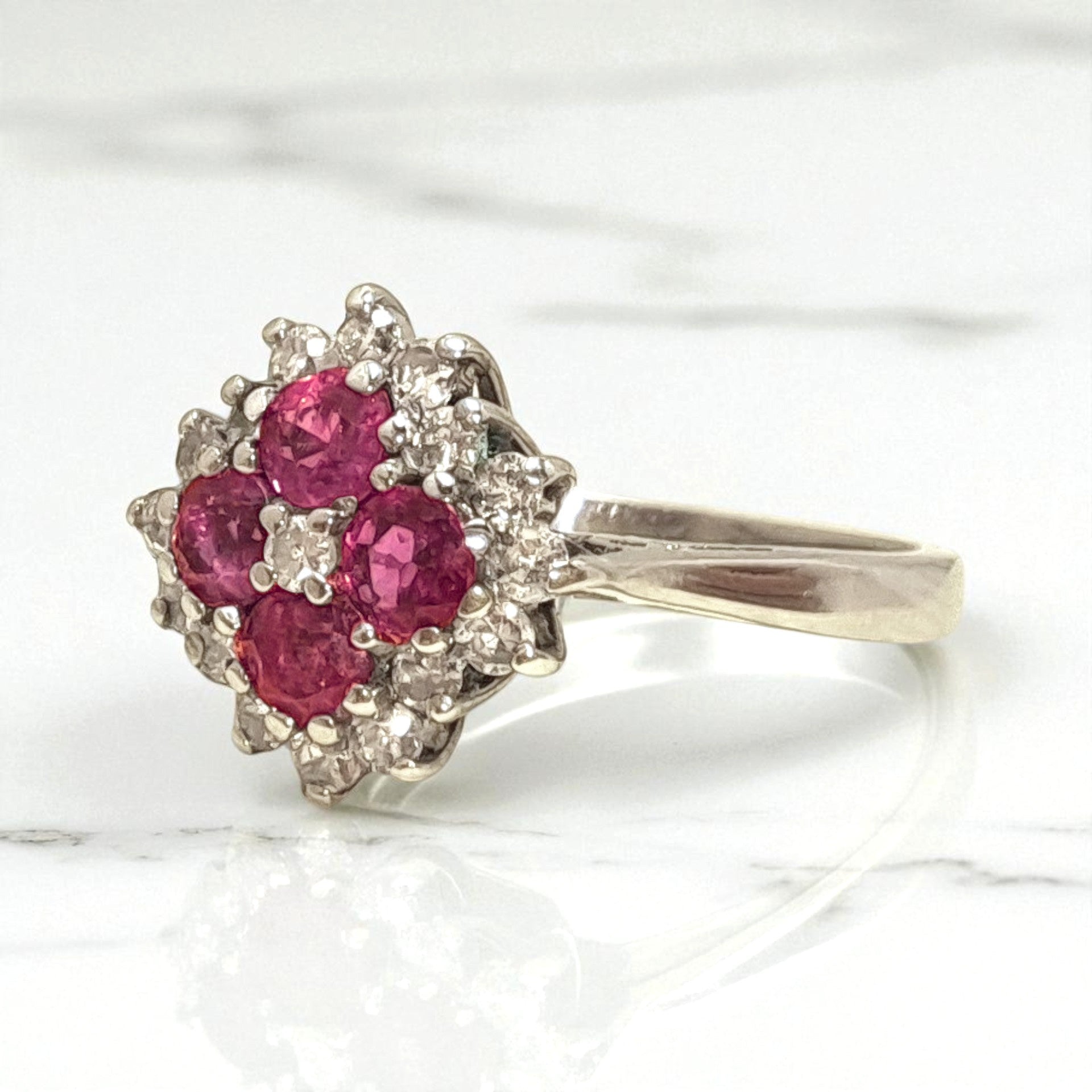 Vintage 'Fuchsia Bloom' 18ct White Gold Ruby and Diamond Cluster Ring
