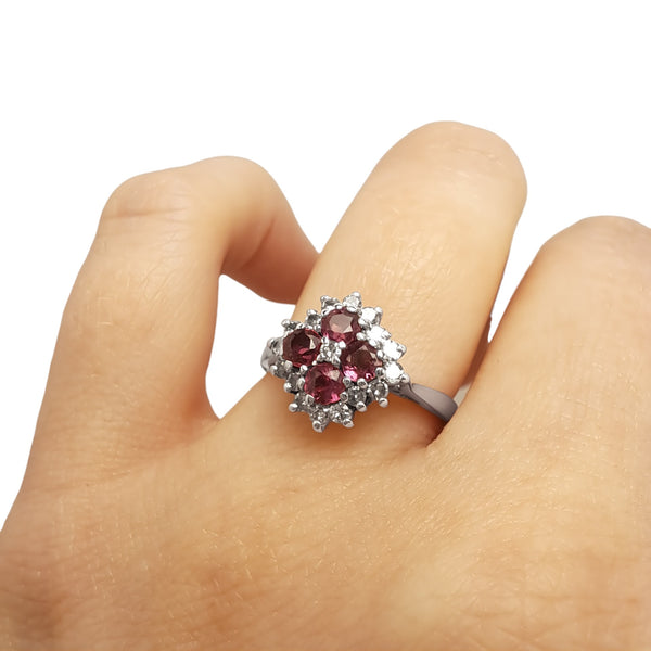 Vintage 'Fuchsia Bloom' 18ct White Gold Ruby and Diamond Cluster Ring