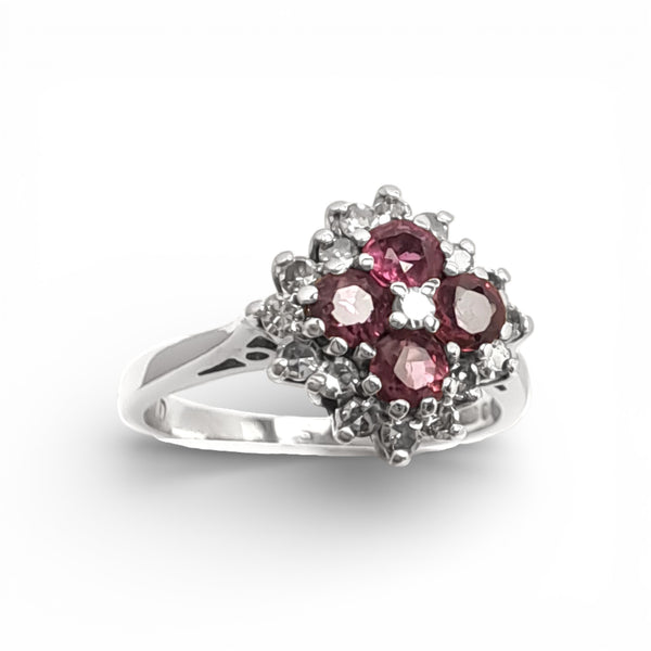Vintage 'Fuchsia Bloom' 18ct White Gold Ruby and Diamond Cluster Ring