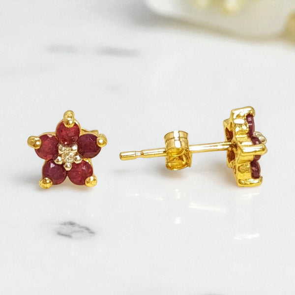 Vintage 9ct Gold Ruby and Diamond Blossom Stud Earrings