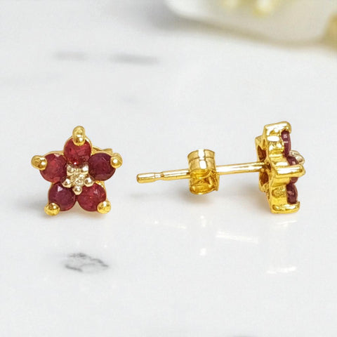 Vintage 9ct Gold Ruby and Diamond Blossom Stud Earrings