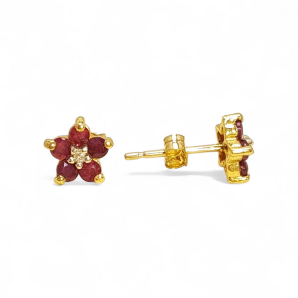 Vintage 9ct Gold Ruby and Diamond Blossom Stud Earrings