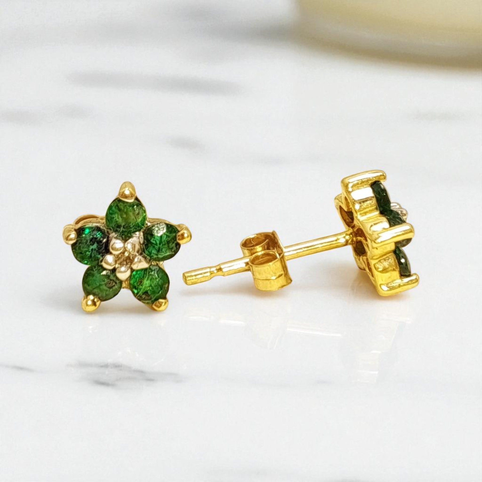 Vintage 9ct Gold Emerald and Diamond Blossom Stud Earrings