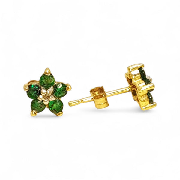 Vintage 9ct Gold Emerald and Diamond Blossom Stud Earrings
