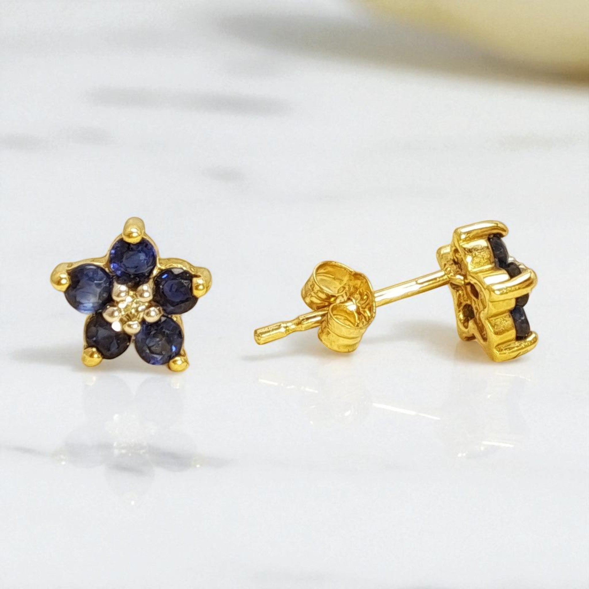 Vintage 9ct Gold Sapphire and Diamond Blossom Stud Earrings