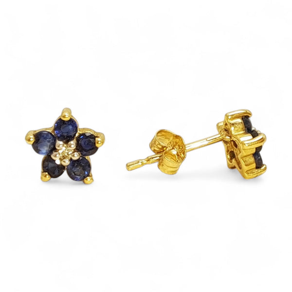 Vintage 9ct Gold Sapphire and Diamond Blossom Stud Earrings