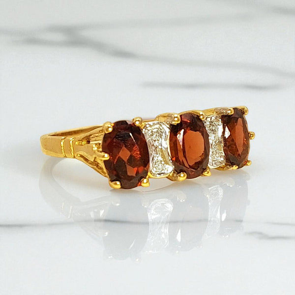 Vintage 'Carmine Crown' 9ct Gold Three Oval Garnet and Diamond Ring