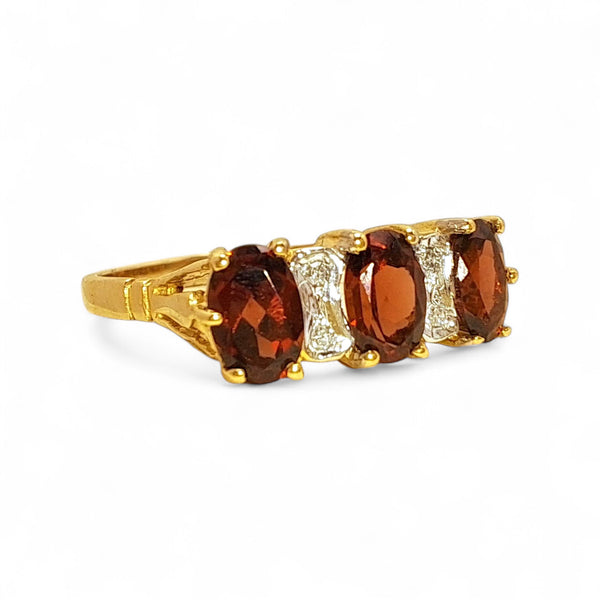 Vintage 'Carmine Crown' 9ct Gold Three Oval Garnet and Diamond Ring