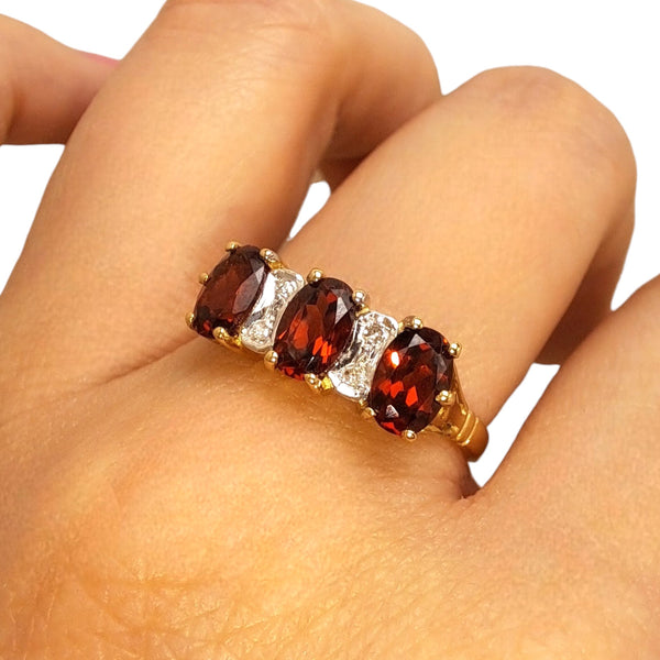 Vintage 'Carmine Crown' 9ct Gold Three Oval Garnet and Diamond Ring
