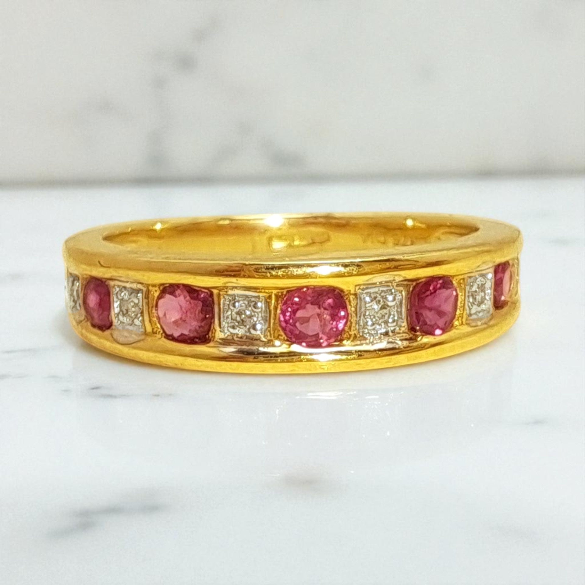 Vintage 'Rosie Ripple' 9ct Gold Ruby & Diamond Half Eternity Ring