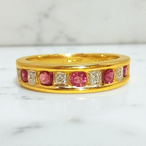 Vintage 'Rosie Ripple' 9ct Gold Ruby & Diamond Half Eternity Ring