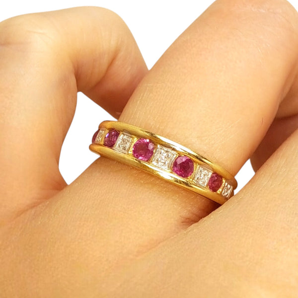 Vintage 'Rosie Ripple' 9ct Gold Ruby & Diamond Half Eternity Ring