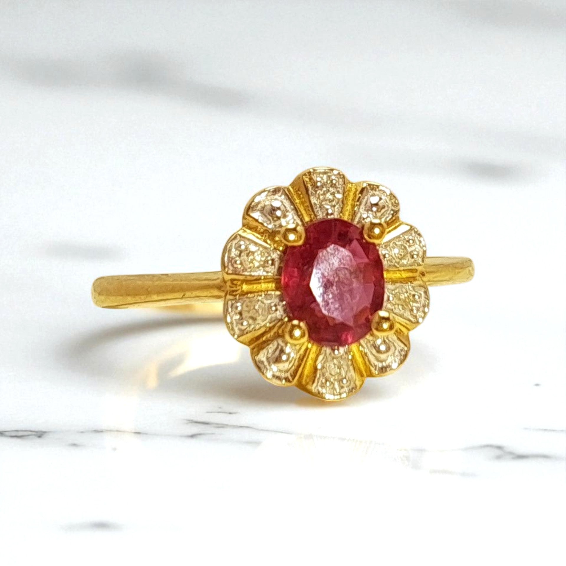 Vintage 'Ruby Petal Bloom' 9ct Gold Ruby & Diamond Flower Halo Ring