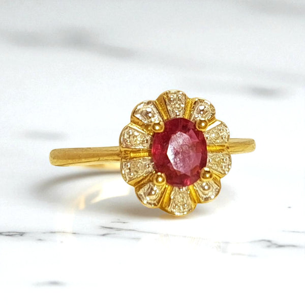 Vintage 'Ruby Petal Bloom' 9ct Gold Ruby & Diamond Flower Halo Ring