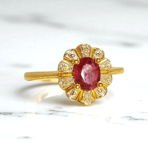 Vintage 'Ruby Petal Bloom' 9ct Gold Ruby & Diamond Flower Halo Ring