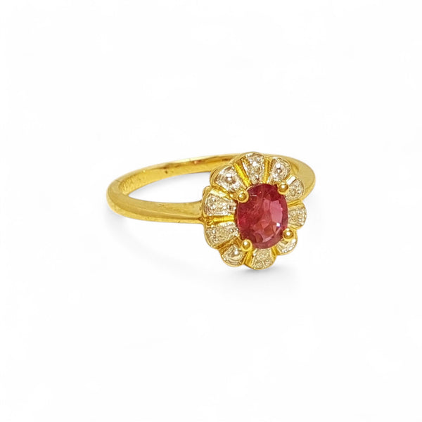 Vintage 'Ruby Petal Bloom' 9ct Gold Ruby & Diamond Flower Halo Ring