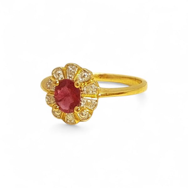 Vintage 'Ruby Petal Bloom' 9ct Gold Ruby & Diamond Flower Halo Ring