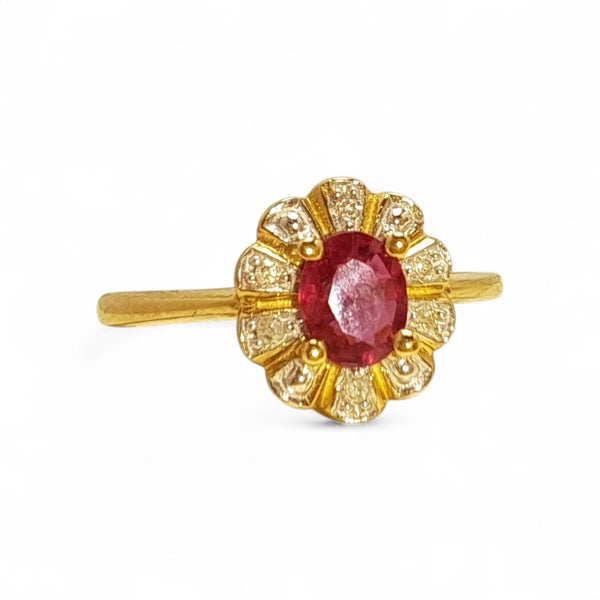 Vintage 'Ruby Petal Bloom' 9ct Gold Ruby & Diamond Flower Halo Ring