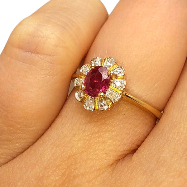 Vintage 'Ruby Petal Bloom' 9ct Gold Ruby & Diamond Flower Halo Ring