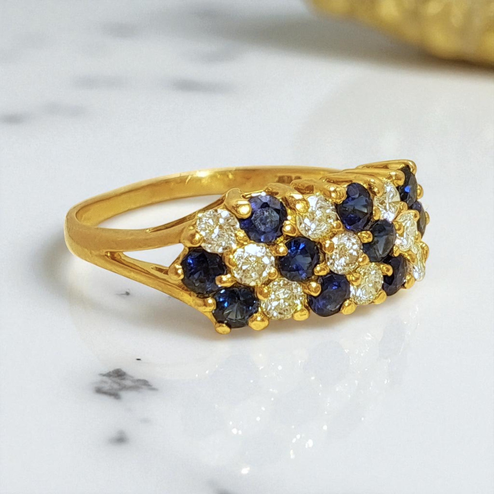 Vintage 'Midnight Cascade' 18ct Gold Sapphire & Diamond Diagonal Dress Ring